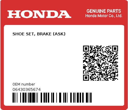 Product image: Honda - 06430365674 - SHOE SET, BRAKE (ASK)  0