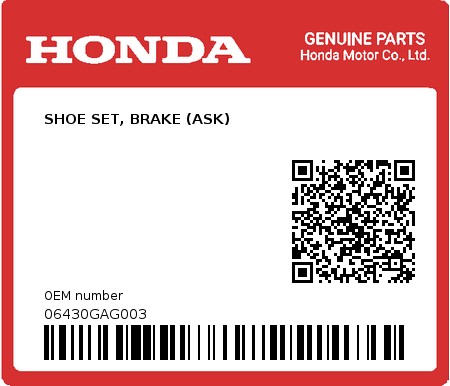 Product image: Honda - 06430GAG003 - SHOE SET, BRAKE (ASK)  0
