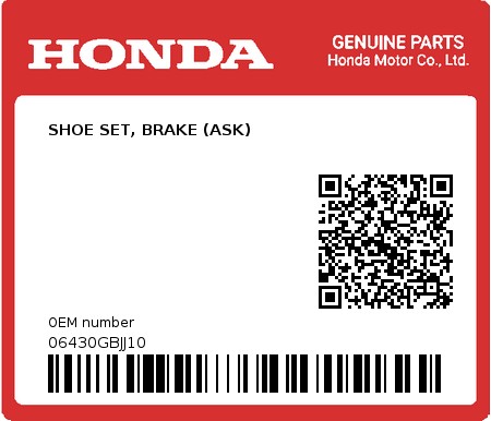 Product image: Honda - 06430GBJJ10 - SHOE SET, BRAKE (ASK)  0