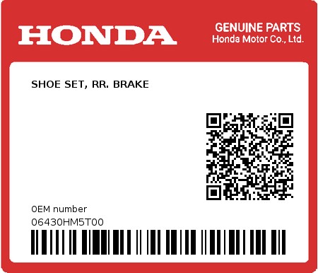 Product image: Honda - 06430HM5T00 - SHOE SET, RR. BRAKE  0