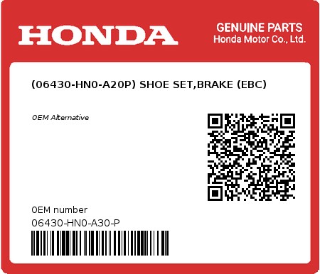 Product image: Honda - 06430-HN0-A30-P - (06430-HN0-A20P) SHOE SET,BRAKE (EBC)  0