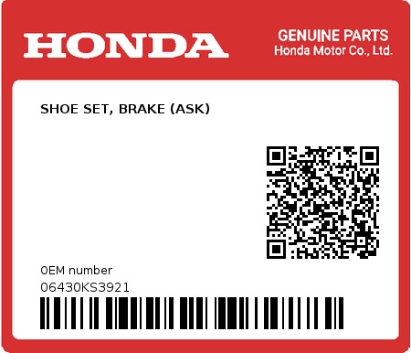 Product image: Honda - 06430KS3921 - SHOE SET, BRAKE (ASK)  0