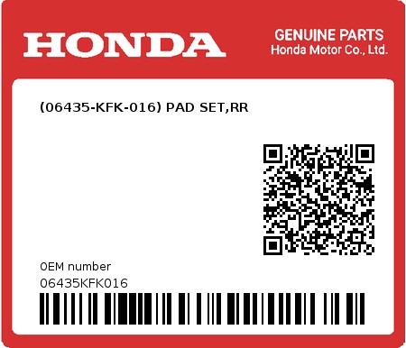 Product image: Honda - 06435KFK016 - (06435-KFK-016) PAD SET,RR  0