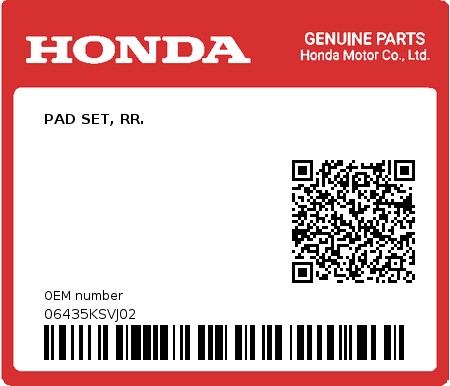 Product image: Honda - 06435KSVJ02 - PAD SET, RR.  0