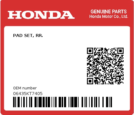 Product image: Honda - 06435KT7405 - PAD SET, RR.  0