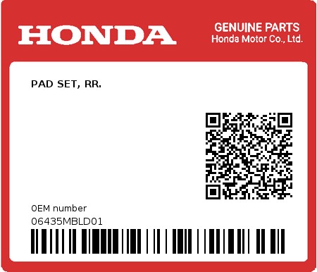 Product image: Honda - 06435MBLD01 - PAD SET, RR.  0