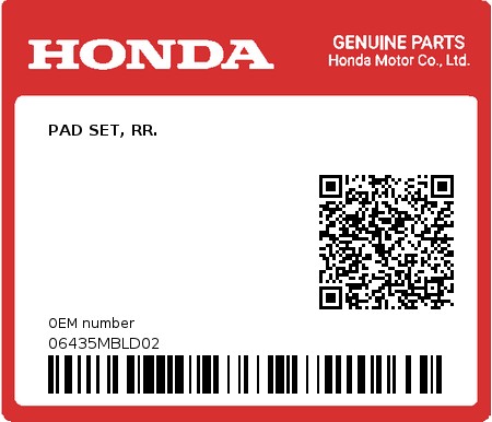 Product image: Honda - 06435MBLD02 - PAD SET, RR.  0