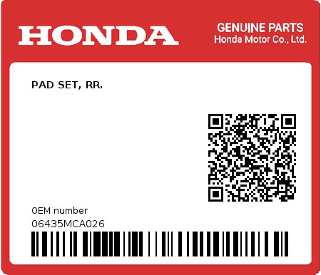 Product image: Honda - 06435MCA026 - PAD SET, RR.  0