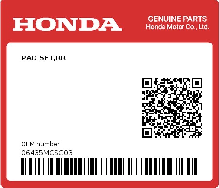 Product image: Honda - 06435MCSG03 - PAD SET,RR  0