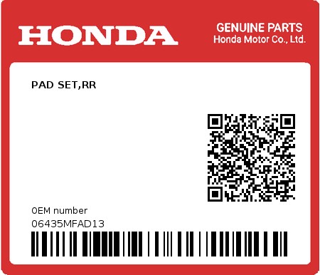 Product image: Honda - 06435MFAD13 - PAD SET,RR  0