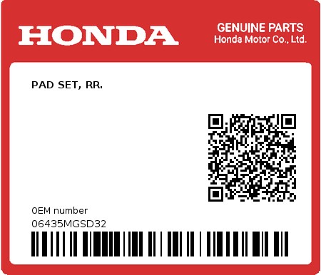 Product image: Honda - 06435MGSD32 - PAD SET, RR.  0