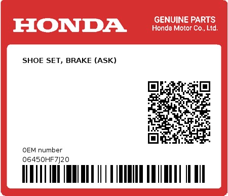 Product image: Honda - 06450HF7J20 - SHOE SET, BRAKE (ASK)  0