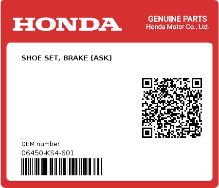 Product image: Honda - 06450-KS4-601 - SHOE SET, BRAKE (ASK)  0