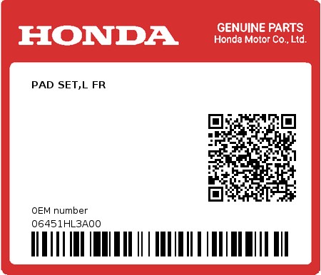 Product image: Honda - 06451HL3A00 - PAD SET,L FR  0