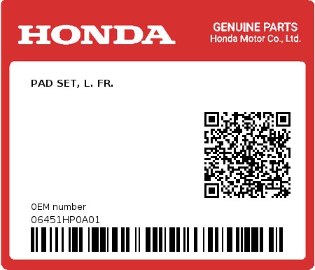 Product image: Honda - 06451HP0A01 - PAD SET, L. FR.  0