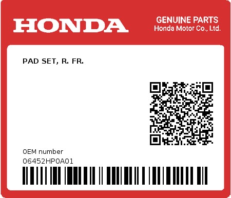 Product image: Honda - 06452HP0A01 - PAD SET, R. FR.  0