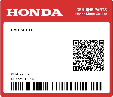 Product image: Honda - 06455GBFK02 - PAD SET,FR  0