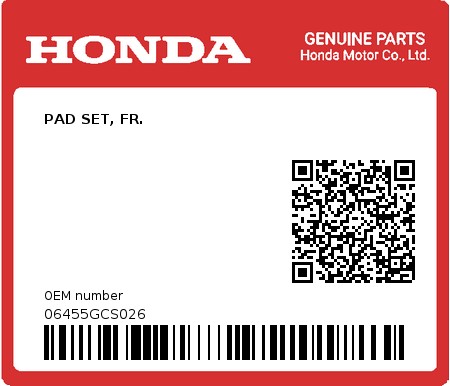 Product image: Honda - 06455GCS026 - PAD SET, FR.  0