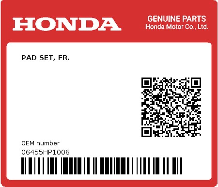 Product image: Honda - 06455HP1006 - PAD SET, FR.  0