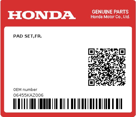 Product image: Honda - 06455KAZ006 - PAD SET,FR.  0
