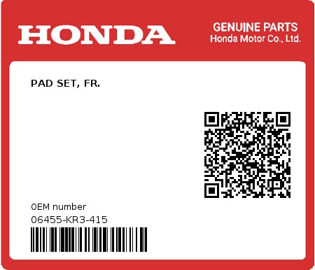 Product image: Honda - 06455-KR3-415 - PAD SET, FR.  0