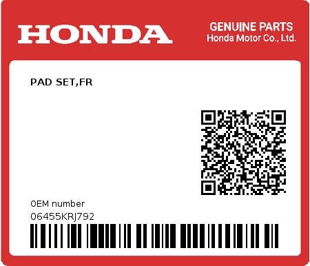 Product image: Honda - 06455KRJ792 - PAD SET,FR  0