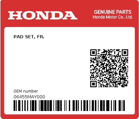 Product image: Honda - 06455MAY000 - PAD SET, FR.  0
