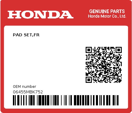Product image: Honda - 06455MBK752 - PAD SET,FR  0