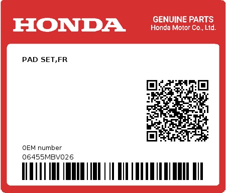 Product image: Honda - 06455MBV026 - PAD SET,FR  0