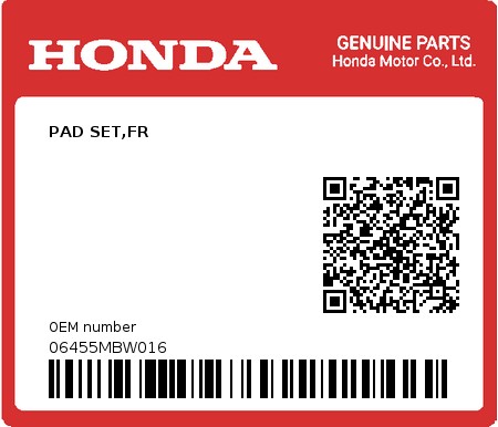Product image: Honda - 06455MBW016 - PAD SET,FR  0