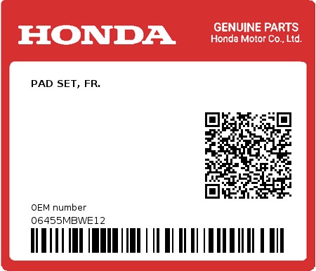 Product image: Honda - 06455MBWE12 - PAD SET, FR.  0