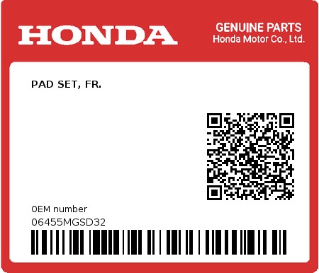 Product image: Honda - 06455MGSD32 - PAD SET, FR.  0