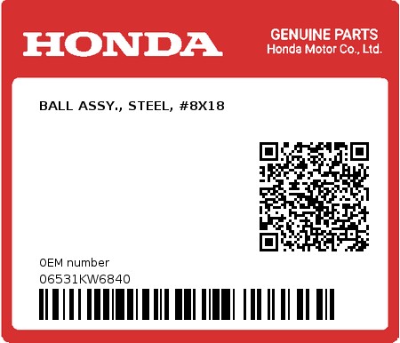 Product image: Honda - 06531KW6840 - BALL ASSY., STEEL, #8X18  0