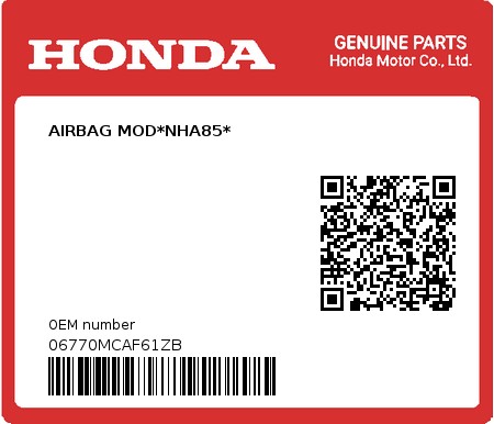 Product image: Honda - 06770MCAF61ZB - AIRBAG MOD*NHA85*  0