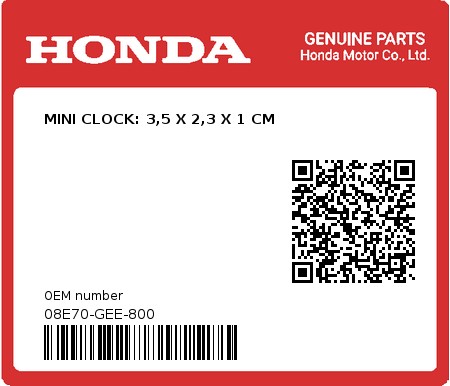 Product image: Honda - 08E70-GEE-800 - MINI CLOCK: 3,5 X 2,3 X 1 CM  0