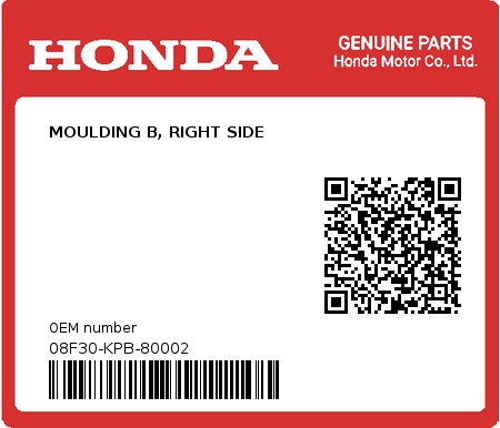 Product image: Honda - 08F30-KPB-80002 - MOULDING B, RIGHT SIDE  0