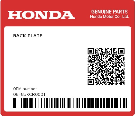 Product image: Honda - 08F85KCR0001 - BACK PLATE  0