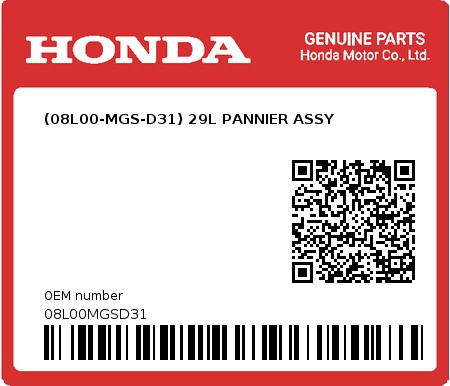 Product image: Honda - 08L00MGSD31 - (08L00-MGS-D31) 29L PANNIER ASSY  0