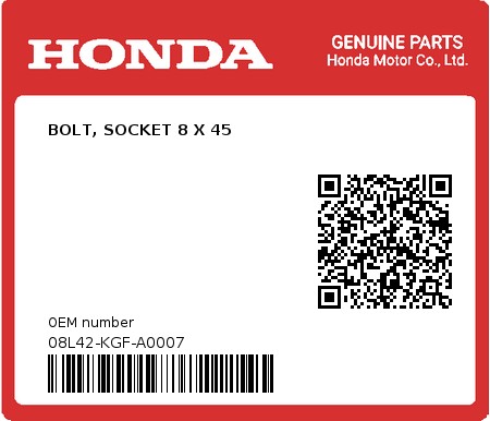 Product image: Honda - 08L42-KGF-A0007 - BOLT, SOCKET 8 X 45  0