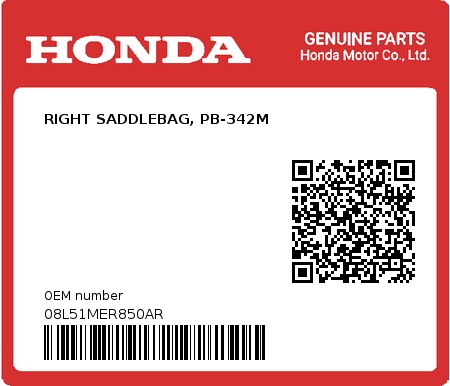Product image: Honda - 08L51MER850AR - RIGHT SADDLEBAG, PB-342M  0