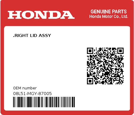 Product image: Honda - 08L51-MGY-87005 - .RIGHT LID ASSY  0
