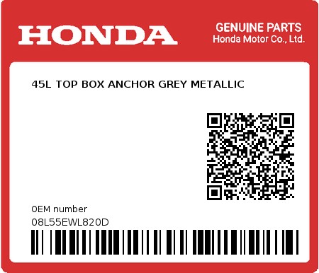 Product image: Honda - 08L55EWL820D - 45L TOP BOX ANCHOR GREY METALLIC  0