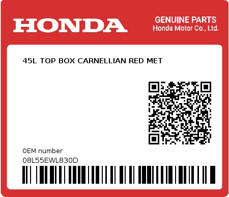 Product image: Honda - 08L55EWL830D - 45L TOP BOX CARNELLIAN RED MET  0