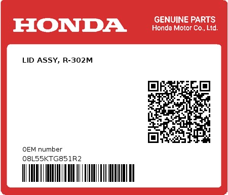 Product image: Honda - 08L55KTG851R2 - LID ASSY, R-302M  0