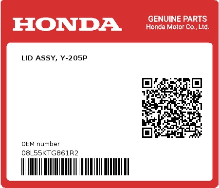 Product image: Honda - 08L55KTG861R2 - LID ASSY, Y-205P  0