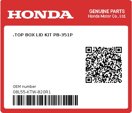 Product image: Honda - 08L55-KTW-820R1 - .TOP BOX LID KIT PB-351P  0