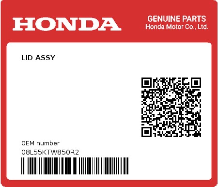 Product image: Honda - 08L55KTW850R2 - LID ASSY  0