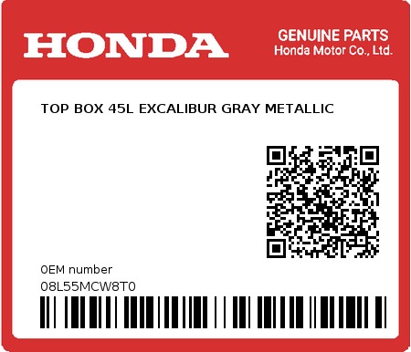 Product image: Honda - 08L55MCW8T0 - TOP BOX 45L EXCALIBUR GRAY METALLIC  0