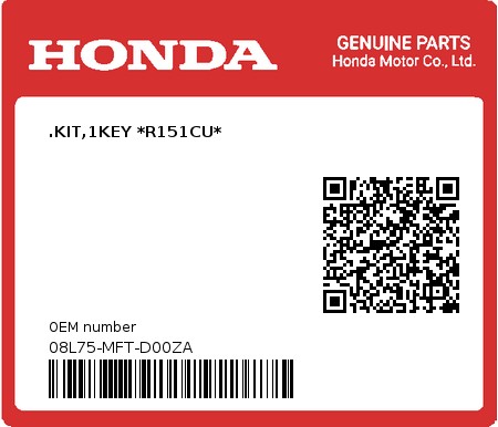 Product image: Honda - 08L75-MFT-D00ZA - .KIT,1KEY *R151CU*  0