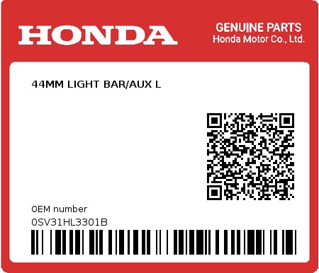 Product image: Honda - 0SV31HL3301B - 44MM LIGHT BAR/AUX L  0